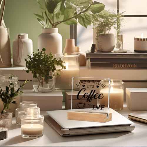 Coffee Bar Decor Acrylic Sign with Wood Stand, Coffee Lover Gifts Coffee Decor Coffee Shop Bedroom Living Room Desk Cubicle Coffee Table Shelf Decor, Coffee Gifts for Coffee Lovers Coffee Sign
