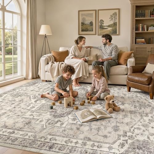 9x12 Beige Washable Vintage Area Rug for Living Room Non-Slip Carpet