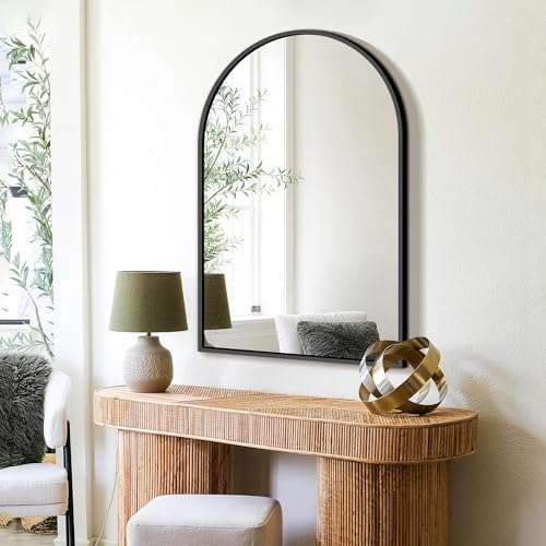 FICTOR 36x24 Inch Arched Bathroom Vanity Mirror Black with Aluminum Frame, Over Sink