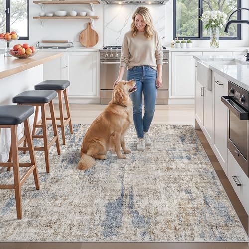7x7 Square Washable Area Rug - Non-Slip Indoor Carpet for Living Room Bedroom Dining, Low Pile, Stain-Resistant, Modern Abstract, Blue Brown