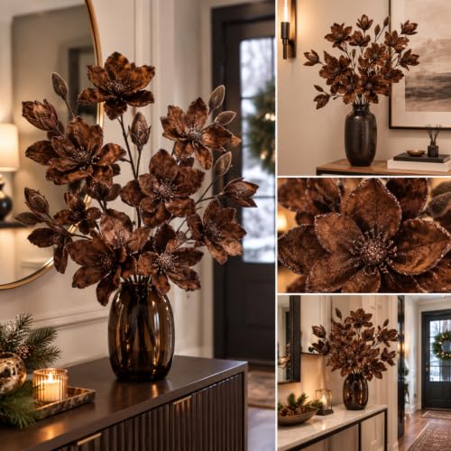 Brown Christmas Velvet Magnolia Flowers Picks 33 Inch Set of 3