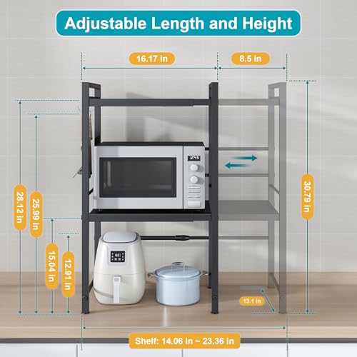 Black 3-Tier Expandable Microwave Oven Rack with Hooks - Space-Saving Kitchen Organizer