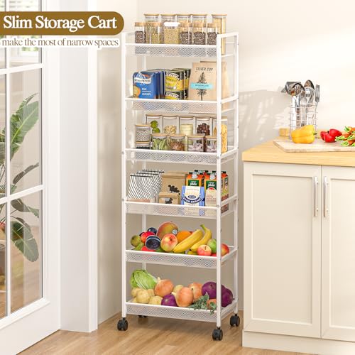 White 6-Tier Slim Rolling Storage Cart - Narrow Mobile Organizer with Wheels