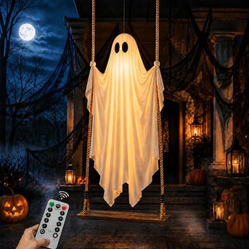 EMPJJLZ 6.5FT Hanging Swing Ghost Halloween Outdoor Decor with Remote Light Up & Motion