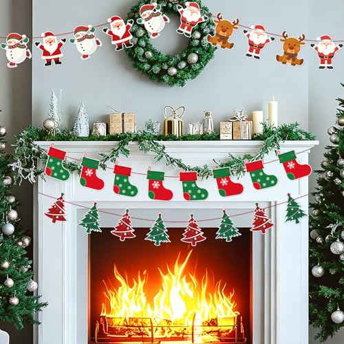 jijAcraft Christmas Banners 4 Pack ? Xmas Decorations with Santa, Snowman, Reindeer & Tree Designs, Pre-Assembled Hanging Bunting Garland for Christmas Party, New Year, School, Office, Fireplace