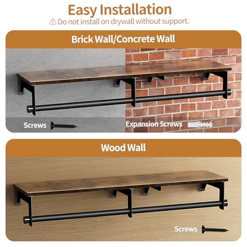Wall Mount Clothes Rack with Wooden Shelf - Black + Brown, 43.3 Inch