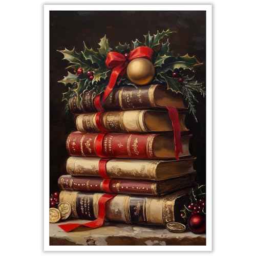 Rustic Christmas Poster Book Art Still Life Wall Art Vintage Christmas Decor Winter Posters Xmas Canvas Prints Painting Dark Academia Holiday Home Dorm Living Room Decoration 8x12inch Unframed