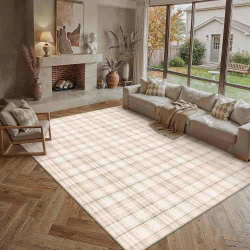 WondRg 7' x 9' Beige Plaid Living Room Area Rug - Non-Slip, Pet-Friendly