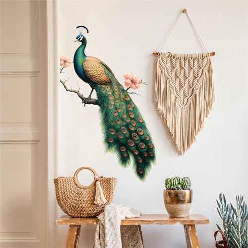 Green Peacock Peach Blossom Painted Wall Stickers, sacinora Beautiful Art Wall Decals Removable Vinyl Peel and Stick for Living Room Bedroom Door Backgrounds Home Decorations