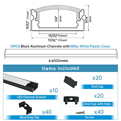 LED Strip Channel System 10 Pack 6.6Ft Black Diffuser for Light Strips
