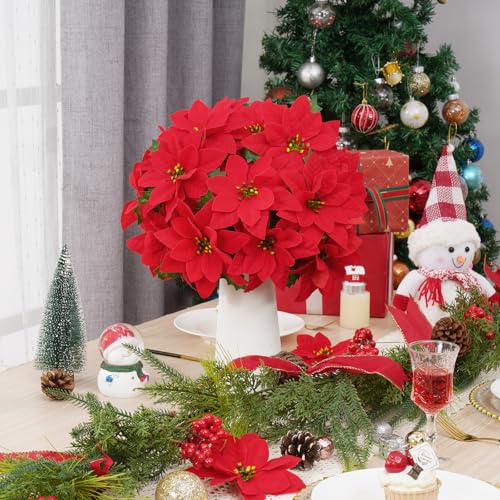 Artflower 12 Pack Poinsettias Artificial Christmas Flowers – Velvet Red Faux Poinsettias for Tree, Home & Outdoor Decor