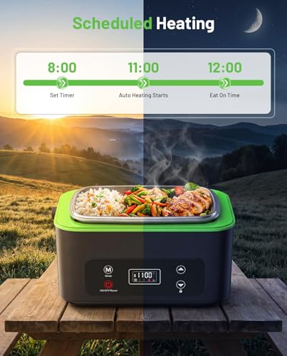 TaskStar Green Heated Lunch Box 100W Cordless Food Warmer with Scheduled Heating & Leakproof 1.2L
