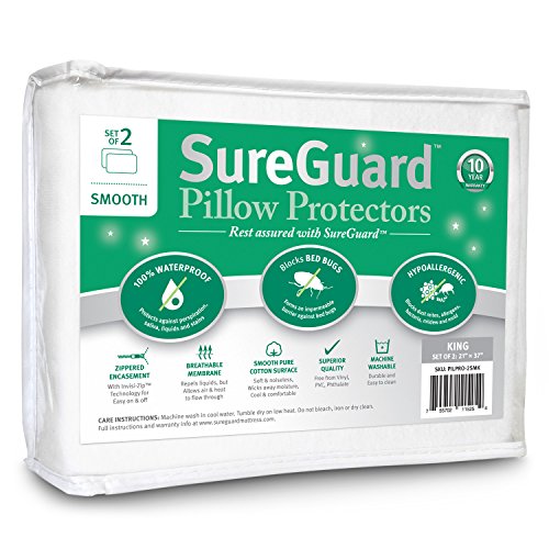 SureGuard King Size Waterproof Cotton Pillow Protectors Set of 2 - Hypoallergenic & Bed Bug Proof - Smooth Zippered Encasements
