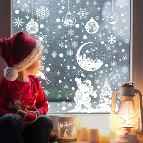 Snowflakes Christmas Window Clings 260PCS White Xmas Window Sticker Santa Claus Reindeer Xmas Decals for Holiday Decorations Party Supplies Glass Window