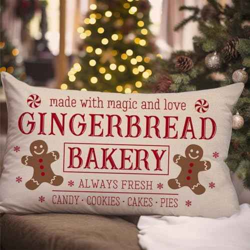 Christmas Pillow Covers 12x20 Inch Gingerbread Man Bakery Rustic Farmhouse Christmas Sign Decorations Outdoor Xmas Winter Holiday Decorative Lumbar Throw Pillow Case for Sofa Couch Home Decor