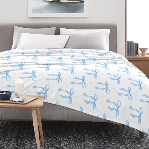 Blue Bow Throw Blanket 60x80 in - Soft Flannel Room Decor for Couch Bed Sofa Gift