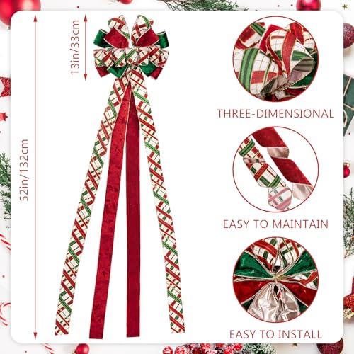 RUSPEPA Large Christmas Tree Topper Bow Plaid with Gold Trim - Red, Green, White, 13x52 inches