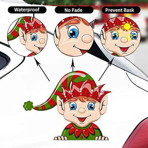Cute Christmas Santa Claus Peeking Car Sticker - Reindeer Snowman Window Bumper Decal - Waterproof Vinyl Vehicle Truck Laptop Wall Decoration (Cute Elf)