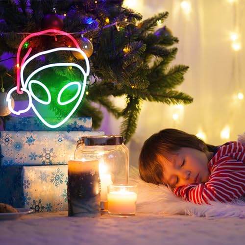 CKTBLEY Christmas Alien Neon Sign with Santa Hat (Red, Green, White) USB LED for Bedroom Decor
