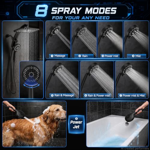 Matte Black 12-Inch Rain Shower Head with Handheld & Magnetic Mount - High Pressure, Dual Mode