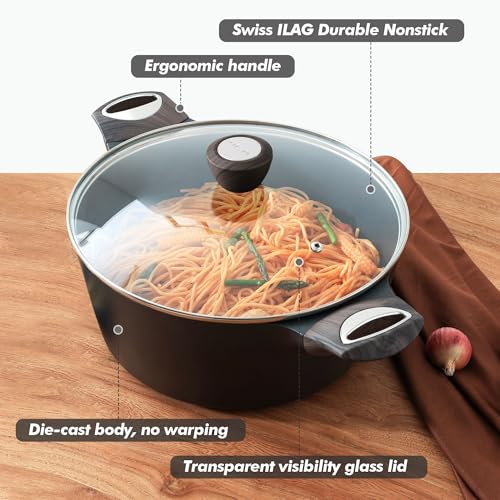 Nonstick Stock Pot with Lid - 8.5 QT, Black, SGS Approved, Induction Compatible
