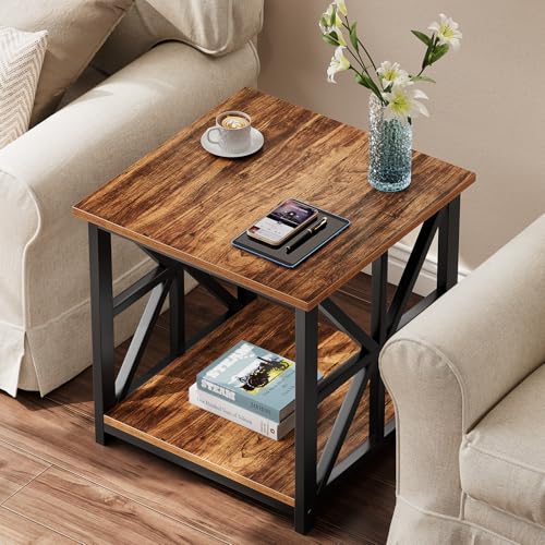 GreenForest Walnut 24-Inch Large End Table with X-Shaped Metal Frame, 2-Tier Storage