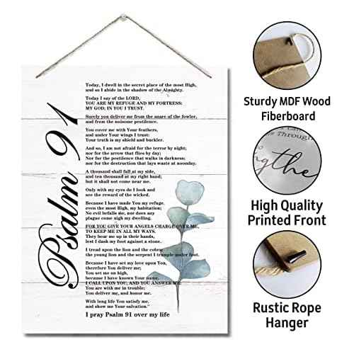 Psalms 91 Christian Inspirational Quote Decor Sign, Spiritual Wall Decor Sign, Hanging Printed Wall Plaque Wood Signs, Christian Bible Quote Print Biblical Verses Scripture Baptism Gift 10X7.8inch