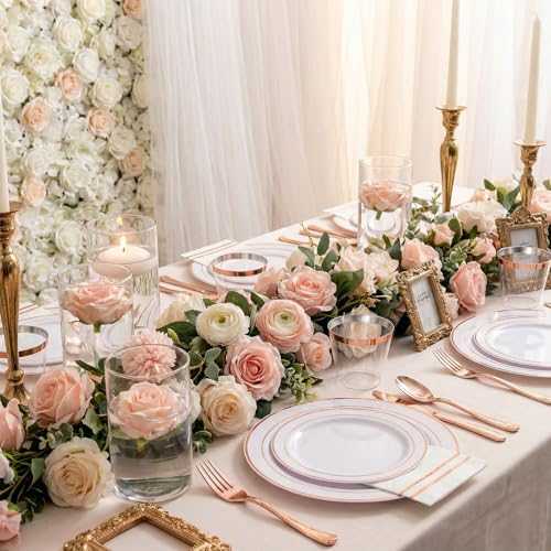 GATHER 50 Guest Rose Gold Disposable Plates & Party Set - White & Rose Gold
