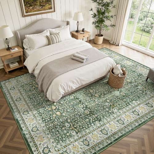 Sage Green 9x12 Washable Area Rug - Non-Slip Boho Living Room Carpet