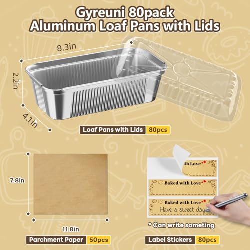 Gyreuni 80 Pack Disposable Aluminum Loaf Pans with Lids 8.3 x 4.1 Inch, High-Temperature Bakeware for Baking & Cooking