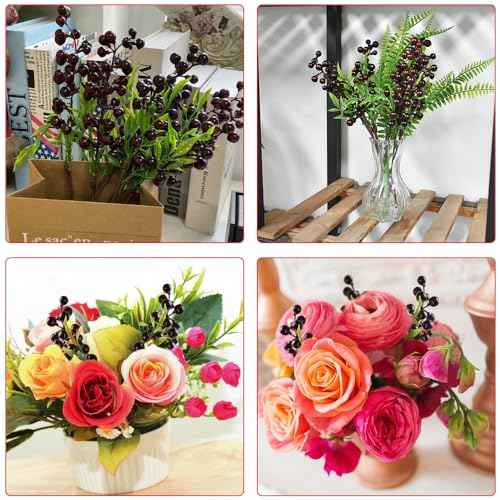 HUIANER Artificial Berries, 6Pcs Lifelike Dark Red Berry with Stems Fake Christmas Fruit Simulation Flowers Orange Berries for Wedding DIY Bridal Bouquet Home Kitchen Party Decoration