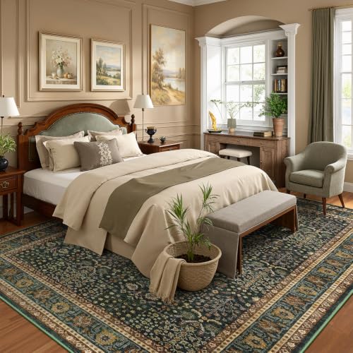 Dark Green 9x12 Washable Area Rug for Living Room Non-Slip Boho Carpet