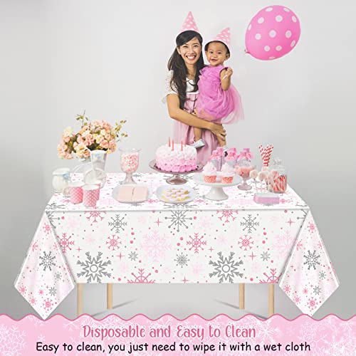 Jecery 3Pcs Pink Winter Snowflake Tablecloths – Waterproof Plastic Party Linens