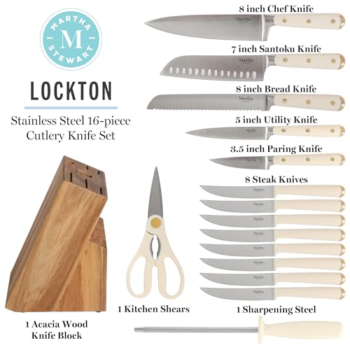 Linen White & Gold 16-Piece Knife Block Set with Acacia Wood Storage
