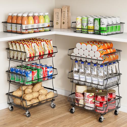 3-Tier Pantry Storage Cart with Upgraded Metal Casters - Black