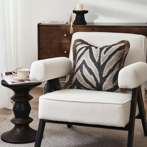 Zebra Throw Pillow Cover with Brown Fringe 18x18 Inch - Jacquard Safari Pattern - Pack of 1 - Variation of Zebra Stripes
