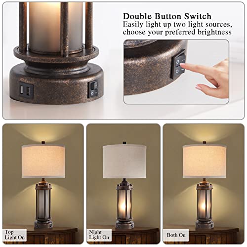 Farmhouse Table Lamps Set of 2 with USB C + A Ports - Bronze Finish