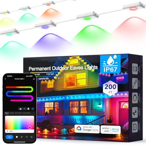 200FT Permanent Outdoor AI RGB+IC Lights - Alexa/Google Smart Eaves Lighting, Cool/Warm Tones