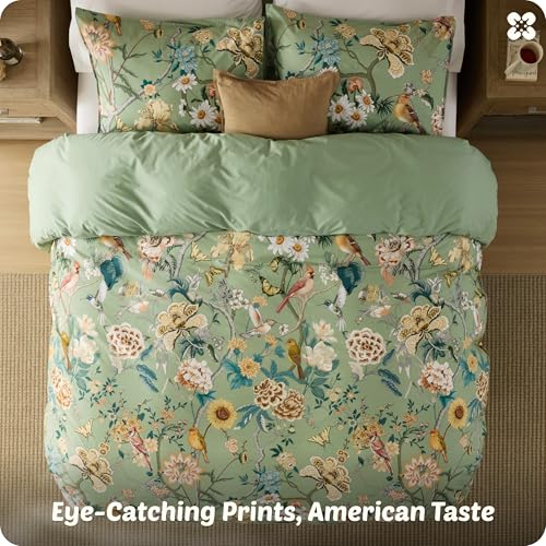 Bedsure PureWoven 100% Cotton Floral Duvet Cover Set - Queen, Green Garden, No Comforter Variation 06