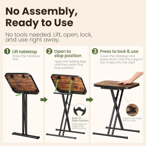 Rustic Brown Folding TV Tray Tables Set of 2 - No Assembly, Metal Rims