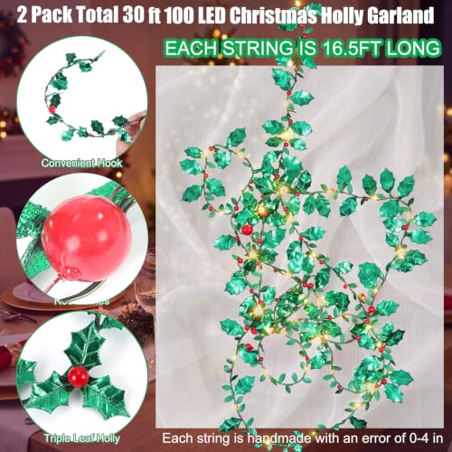 2 Pack 30 ft LED Holly Garland with 100 Lights Christmas Wreath
