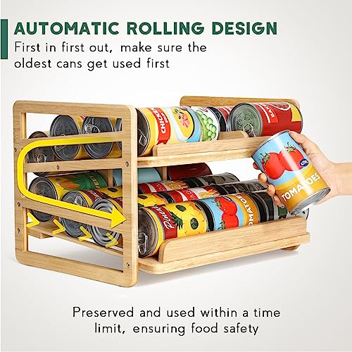 Stackable Bamboo Can Organizer Rack for 24 Cans with Automatic Filling - Kitchen Storage