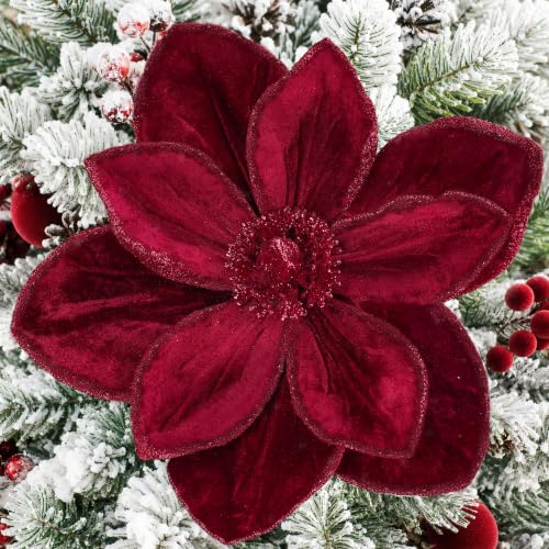 8PCS Burgundy Christmas Magnolia Flowers - Large 12-Inch Holiday Tree Decor
