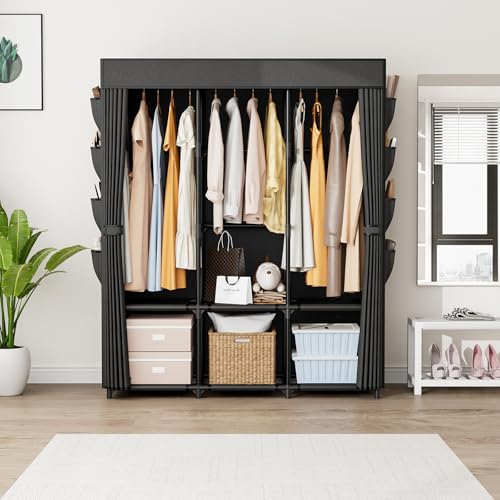 Black Portable Wardrobe Closet with Cover, 3 Hanging Rods & 6 Shelves - 49.2" Wide