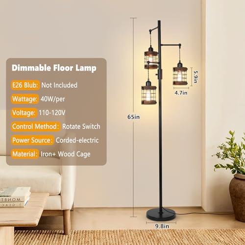 Airposta Black Wood Dimmable Farmhouse Floor Lamp with 3 Cage Lights