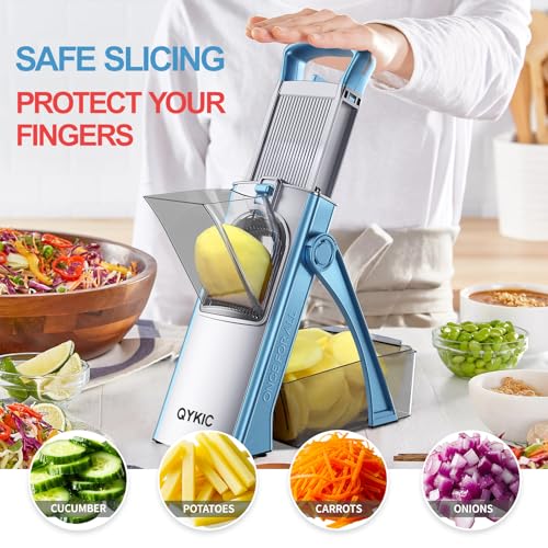 Blue Adjustable Mandoline Slicer for Kitchen - Safe Food & Vegetable Cutter