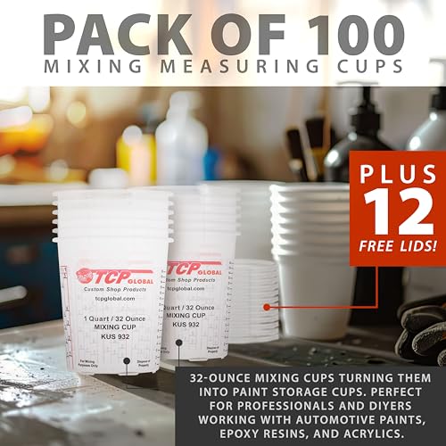 Custom Shop Paint Mixing Cups - 32-Ounce, Box of 100 with Lids - Plastic Resistor