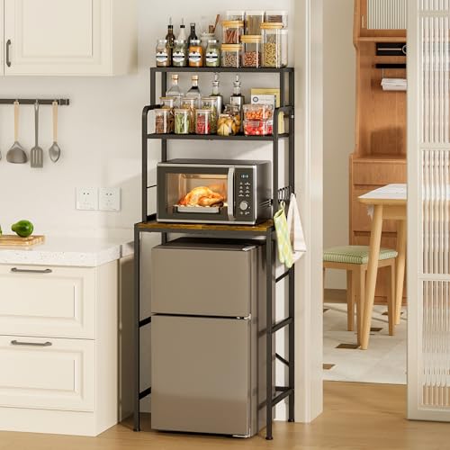 Mini Fridge Stand with 3 Tiers and Storage - Adjustable Shelves, Brown