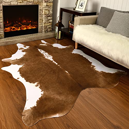 Faux Cowhide Rug Brown Cow Print Area Rug 4'7 x 5'2 Irregular Large Animal Floor Covering