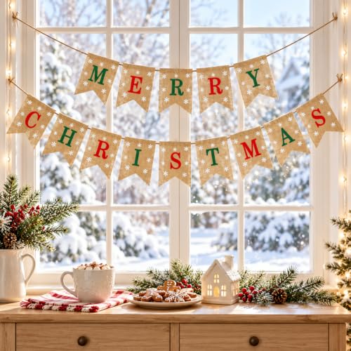 JijAcraft Pre-assembled Burlap Christmas Banner - Merry Christmas (Red & Green) Indoor Outdoor
